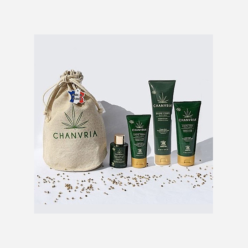 Coffret - crèmes mains + pieds + visage + serum - Sac en chanvre